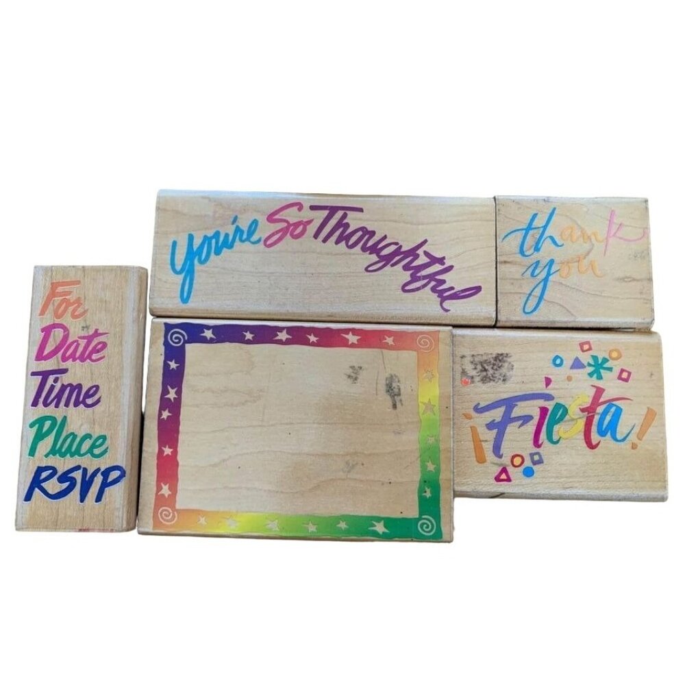 Wooden Rubber Stamp Lot Craft Fiesta Thank You Set Colorful Ink